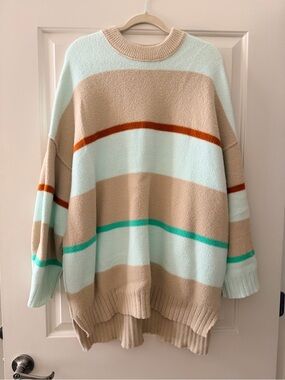 Free People Striped Oversized Crewneck Sweater in Beige, Mint & Teal